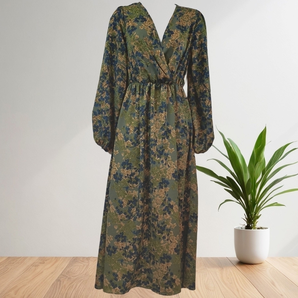Shein Women's Green/Blue Floral Long Sleeve Elastic Waist Dress Size 4